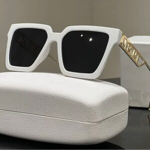 Luxury White frames with bold black lenses, Gold arm Sunglasses